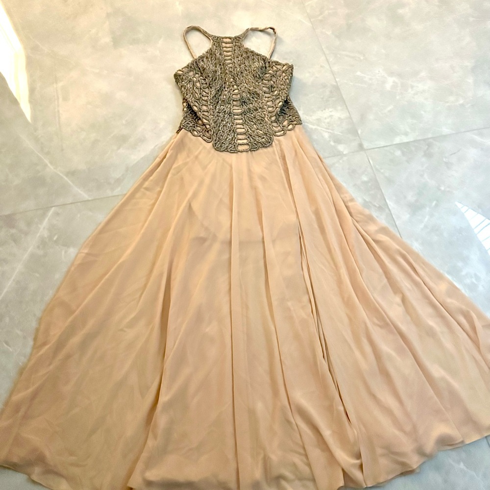 Terani Couture Beige and Gold Backless Dress